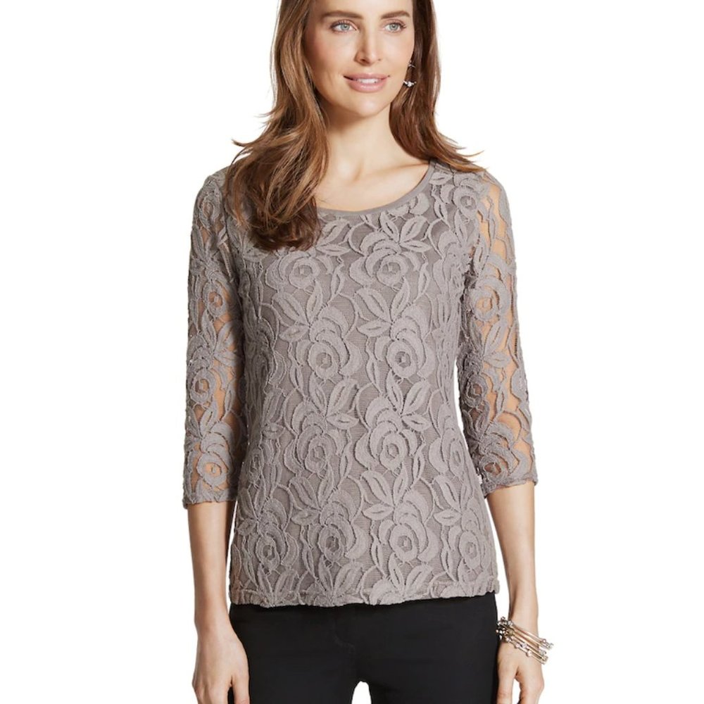 Chico's Gray Lucie Lace Front Sheer 3/4 Sleeve Knit Back Top Size 1/M/8